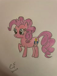 Size: 3024x4032 | Tagged: safe, artist:celestialflare, derpibooru exclusive, derpibooru import, pinkie pie, earth pony, pony, g4, female, mare, raised hoof, raised leg, signature, simple background, smiling, solo, traditional art, white background