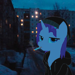 Size: 1024x1024 | Tagged: safe, artist:popusk, derpibooru exclusive, derpibooru import, starlight glimmer, pony, unicorn, g4, beanie, cigarette, clothes, doomer, female, hat, hoodie, horn, looking at you, mare, meme, outdoors, ponified, ponified meme, russia, smoke, smoking, snow, solo, tired