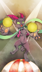 Size: 965x1667 | Tagged: safe, artist:gashiboka, derpibooru import, oc, oc only, diamond dog, ball, clothes, everfree tarot, featureless crotch, female, female diamond dog, hat, jester hat, juggling, minor arcana, paw pads, paws, solo, tarot, tarot card, two of coins, two of diamonds, underpaw, vest