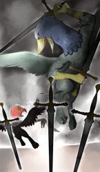 Size: 965x1667 | Tagged: safe, artist:gashiboka, derpibooru import, griffon, everfree tarot, five of spades, five of swords, minor arcana, tarot, tarot card