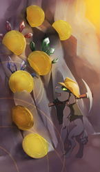 Size: 965x1667 | Tagged: safe, artist:gashiboka, derpibooru import, diamond dog, clothes, coin, everfree tarot, gem, hard hat, hat, minor arcana, pickaxe, seven of coins, seven of diamonds, solo, tarot card