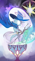 Size: 965x1667 | Tagged: safe, artist:gashiboka, derpibooru import, trixie, pony, unicorn, g4, everfree tarot, female, glowing, glowing eyes, horn, major arcana, mare, solo, staff, staff of sameness, sword, tarot card, the magician, weapon