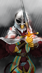 Size: 965x1667 | Tagged: safe, artist:gashiboka, derpibooru import, griffon, armor, card, everfree tarot, knight of spades, knight of swords, minor arcana, rain, solo, sword, tarot, tarot card, weapon