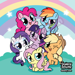 Size: 1000x1000 | Tagged: safe, artist:daieny, derpibooru import, applejack, fluttershy, pinkie pie, rainbow dash, rarity, twilight sparkle, earth pony, pegasus, pony, unicorn, g4, chibi, cute, dashabetes, diapinkes, horn, jackabetes, mane six, outdoors, raribetes, shyabetes, twiabetes