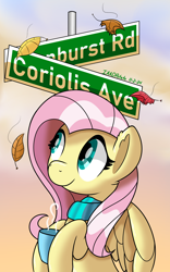 Size: 1500x2400 | Tagged: safe, artist:notadeliciouspotato, derpibooru import, fluttershy, pegasus, pony, g4, autumn, clothes, cloud, female, hoof hold, leaves, looking up, mare, mug, scarf, signature, smiling, solo, street sign