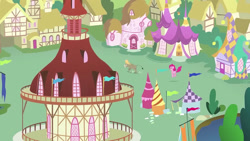 Size: 1280x720 | Tagged: safe, derpibooru import, screencap, cranky doodle donkey, pinkie pie, donkey, earth pony, pony, a friend in deed, g4, female, male, outdoors, ponyville, ponyville town hall