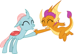 Size: 4090x3000 | Tagged: safe, artist:cloudy glow, derpibooru import, ocellus, smolder, changedling, changeling, dragon, g4, ^^, dragoness, duo, duo female, eyes closed, female, high five, simple background, transparent background, vector