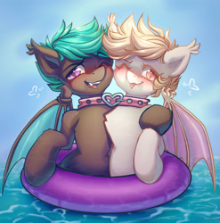 Size: 3508x3553 | Tagged: safe, artist:chaosangeldesu, derpibooru import, oc, oc only, oc:white mouse, bat pony, pony, bat pony oc, bat wings, collar, cute, ocean, outdoors, tongue, tongue out, water, wings