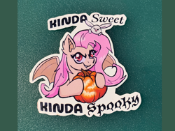 Size: 2700x2025 | Tagged: safe, artist:flutterpawss, derpibooru import, angel bunny, fluttershy, bat pony, pony, rabbit, g4, animal, bat ponified, cute, cute little fangs, fangs, female, flutterbat, halloween, holiday, jack-o-lantern, looking at you, male, mare, pumpkin, race swap, smiling, spread wings, sticker, wings