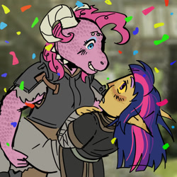 Size: 894x894 | Tagged: safe, artist:0liiver, derpibooru import, pinkie pie, twilight sparkle, anthro, elf, altmer, argonian, armor, confetti, female, high elf, horns, lesbian, shipping, skyrim, species swap, the elder scrolls, twinkie