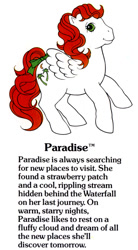 Size: 550x1000 | Tagged: safe, derpibooru import, paradise, pegasus, pony, g1, bow, cute, female, flying, g1 backstory, mare, my little pony fact file, official, paradawwse, paradise can fly, smiling, solo, tail, tail bow