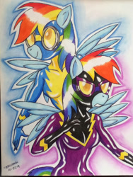 Size: 720x960 | Tagged: safe, artist:emichaca, derpibooru import, rainbow dash, anthro, pegasus, g4, clothes, costume, duality, female, nightmare night costume, pencil drawing, self paradox, self ponidox, shadowbolt dash, shadowbolts, shadowbolts costume, solo, traditional art, uniform, wonderbolts, wonderbolts uniform