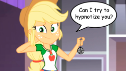 Size: 1919x1079 | Tagged: safe, artist:paco777yuyu, derpibooru import, applejack, human, equestria girls, g4, arm behind head, dialogue, female, geode of super strength, hypnosis, indoors, magical geodes, question, speech bubble