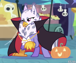 Size: 1200x1000 | Tagged: safe, artist:eilidh-draw, derpibooru import, oc, oc only, oc:gerbera, hippogriff, undead, vampire, cape, chest fluff, clothes, fangs, female, halloween, hippogriff oc, holiday, jack-o-lantern, market, nightmare night, pumpkin, skull, solo