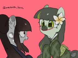 Size: 4096x3072 | Tagged: safe, artist:metaruscarlet, derpibooru import, oc, oc only, oc:ohasu, oc:sawa (ice1517), earth pony, pony, clothes, earth pony oc, flower, flower in hair, kimono (clothing), looking at each other, looking at someone, open mouth, red background, ribbon, simple background, spotted, surprised, torn ear