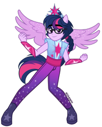 Size: 2827x3535 | Tagged: safe, artist:leokreuz, derpibooru import, dusk shine, sci-dusk, sci-twi, twilight sparkle, equestria girls, forgotten friendship, g4, boots, clothes, cutie mark on clothes, equestria girls specials, equestria guys, glasses, jewelry, male, pants, ponied up, regalia, rule 63, shoes, simple background, solo, tanktop, transparent background, wings