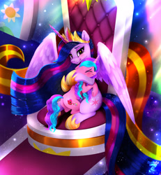 Size: 2173x2354 | Tagged: safe, artist:darksly, derpibooru import, princess twilight 2.0, twilight sparkle, twilight sparkle (alicorn), oc, oc:magic dash, alicorn, pony, g4, alicorn oc, butt, crying, duo, duo female, female, horn, hug, mare, older, older twilight, older twilight sparkle (alicorn), plot, wings