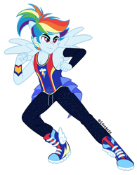 Size: 1280x1639 | Tagged: safe, artist:leokreuz, derpibooru import, rainbow blitz, rainbow dash, human, equestria girls, forgotten friendship, g4, clothes, cutie mark on clothes, equestria girls specials, equestria guys, frills, glitter, pants, ponied up, rule 63, shoes, simple background, solo, tanktop, transparent background