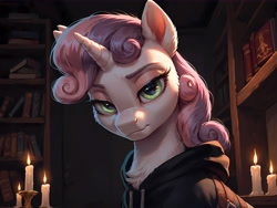 Size: 8192x6144 | Tagged: safe, ai content, derpibooru import, machine learning generated, sweetie belle, pony, unicorn, g4, 4k, black hoodie, book, bookshelf, candle, clothes, curly hair, curly mane, female, filly, foal, frown, glowing, glowing eyes, high res, hoodie, horn, indoors, leather, leather straps, library, lidded eyes, looking at you, prompter:molagbal, shelf, solo, white fur