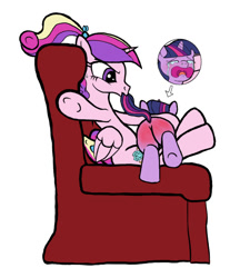 Size: 692x800 | Tagged: safe, artist:sternymares, derpibooru import, princess cadance, twilight sparkle, pegasus, pony, unicorn, g4, abuse, crying, discipline, duo, female, filly, filly twilight sparkle, foal, folded wings, horn, mouth hold, over the knee, punishment, rear view, simple background, sitting, snot, sofa, spank mark, spanking, sweat, tears of pain, teen princess cadance, white background, wings, younger