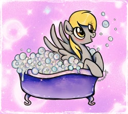 Size: 2048x1820 | Tagged: safe, artist:dariarchangel, derpibooru import, derpy hooves, pegasus, pony, g4, :d, adorable face, background pony, bath, bath time, bathtub, blonde, blonde hair, blonde mane, blushing, bubble, cross-eyed, cute, cute face, cute smile, daaaaaaaaaaaw, derp, derpabetes, derpy being derpy, eye clipping through hair, female, foam, golden eyes, gray coat, happy, happy face, looking at something, lying down, mare, open mouth, open smile, pegasus wings, pretty, prone, smiling, soap bubble, solo, sparkles, spread wings, sweet dreams fuel, too cute, traditional art, weapons-grade cute, wet, wet hair, wet mane, wet mane derpy hooves, wings