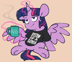 Size: 3707x3209 | Tagged: safe, artist:chub-wub, derpibooru import, twilight sparkle, twilight sparkle (alicorn), alicorn, pony, g4, clothes, female, glowing, glowing horn, horn, levitation, magic, magic aura, mare, mug, no, shirt, sitting, solo, spread wings, system of a down, t-shirt, telekinesis, twilight sparkle is not amused, unamused, wings