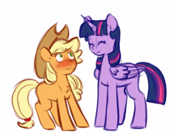 Size: 5256x4052 | Tagged: safe, artist:chub-wub, derpibooru import, applejack, twilight sparkle, twilight sparkle (alicorn), alicorn, earth pony, pony, g4, applejack's hat, blushing, clothes, cowboy hat, duo, duo female, eyes closed, female, folded wings, hat, height difference, horn, lesbian, mare, missing cutie mark, shipping, simple background, size difference, smiling, twijack, white background, wings