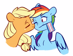 Size: 3714x2898 | Tagged: safe, artist:chub-wub, derpibooru import, applejack, rainbow dash, earth pony, pegasus, pony, g4, appledash, crying, cute, dashabetes, duo, duo female, eyes closed, female, freckles, jackabetes, kiss on the cheek, kissing, lesbian, mare, mouth hold, one eye closed, partially open wings, pride, pride flag, shipping, simple background, smiling, tears of joy, trans female, trans rainbow dash, transgender, transgender pride flag, white background, wings, wink