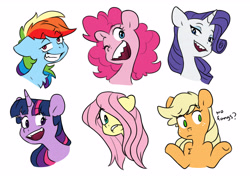 Size: 5312x3748 | Tagged: safe, artist:chub-wub, derpibooru import, applejack, fluttershy, pinkie pie, rainbow dash, rarity, twilight sparkle, earth pony, pegasus, pony, unicorn, g4, chest fluff, confused, cute, cute little fangs, ears, eyebrows, eyebrows visible through hair, eyeshadow, fangs, female, floppy ears, freckles, grin, gritted teeth, group, hair over one eye, hiding behind mane, horn, lidded eyes, looking at you, makeup, mane six, mare, one of these things is not like the others, open mouth, open smile, sextet, sharp teeth, shrug, simple background, smiling, teeth, white background