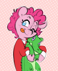 Size: 1574x1952 | Tagged: safe, artist:chub-wub, derpibooru import, gummy, pinkie pie, alligator, earth pony, pony, g4, :p, abstract background, alternate hairstyle, annie, clothes, cosplay, costume, crossover, cute, diapinkes, female, little orphan annie, mare, one eye closed, shirt, short hair, solo, tongue, tongue out, wink