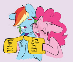 Size: 2524x2146 | Tagged: safe, artist:chub-wub, derpibooru import, pinkie pie, rainbow dash, earth pony, pegasus, pony, g4, blushing, chest fluff, cute, dashabetes, diapinkes, duo, duo female, eyes closed, female, foam finger, hug, lesbian, mare, one eye closed, open mouth, open smile, pink background, pinkiedash, shipping, simple background, smiling, wink