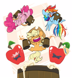 Size: 3930x4237 | Tagged: safe, artist:chub-wub, derpibooru import, applejack, pinkie pie, rainbow dash, earth pony, pegasus, pony, g4, apple, applejack's hat, barrel, bowtie, chibi, cider, cider mug, clothes, cowboy hat, cute, dashabetes, diapinkes, drink, drinking, eyes closed, female, food, freckles, hat, jackabetes, mare, mug, open mouth, ponytober, simple background, trio, white background, wings