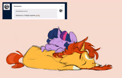 Size: 5343x3419 | Tagged: safe, artist:chub-wub, derpibooru import, sunburst, twilight sparkle, twilight sparkle (alicorn), alicorn, pony, unicorn, g4, ask, beard, blushing, chibi, coat markings, cuddling, cute, duo, duo male and female, eyes closed, facial hair, female, horn, lying down, male, mare, prone, shipping, sleeping, stallion, straight, sunbetes, tumblr, twiabetes, twiburst