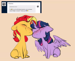 Size: 4912x4032 | Tagged: safe, artist:chub-wub, derpibooru import, sunset shimmer, twilight sparkle, twilight sparkle (alicorn), alicorn, pony, unicorn, g4, ask, blushing, chibi, cute, duo, duo female, ears, ears back, eyes closed, female, floppy ears, happy, horn, lesbian, looking at each other, looking at someone, mare, nuzzling, shimmerbetes, shipping, sitting, smiling, smiling at each other, spread wings, sunsetsparkle, tumblr, twiabetes, weapons-grade cute, wings