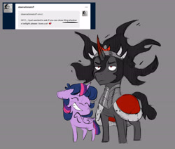 Size: 4573x3873 | Tagged: safe, artist:chub-wub, derpibooru import, king sombra, twilight sparkle, twilight sparkle (alicorn), alicorn, pony, unicorn, g4, alternate hairstyle, armor, ask, blushing, chibi, cloak, clothes, crown, cute, duo, duo male and female, eyes closed, female, folded wings, gray background, grin, horn, jewelry, male, mare, raised hoof, raised leg, regalia, ship:twibra, shipping, simple background, smiling, sombradorable, stallion, straight, tumblr, twiabetes, twibra, wings