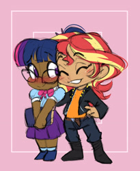 Size: 2496x3039 | Tagged: safe, artist:chub-wub, derpibooru import, sci-twi, sunset shimmer, twilight sparkle, human, g4, belt, blushing, book, boots, chibi, clothes, cute, dark skin, denim, duo, duo female, eyebrows, eyebrows visible through hair, eyes closed, female, glasses, grin, humanized, jacket, jeans, leather, leather jacket, lesbian, pants, sci-twishimmer, scitwishimmer, shimmerbetes, shipping, shirt, shoes, skirt, smiling, socks, sunsetsparkle, t-shirt, twiabetes