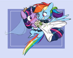 Size: 4809x3841 | Tagged: safe, artist:chub-wub, derpibooru import, rainbow dash, twilight sparkle, twilight sparkle (alicorn), alicorn, pegasus, pony, g4, alternate hairstyle, blushing, bowtie, bridal carry, carrying, clothes, coat, crown, cute, dashabetes, dress, duo, duo female, eye contact, female, flower, grin, horn, jewelry, lesbian, lesbian wedding, looking at each other, looking at someone, mare, marriage, one eye closed, ponytail, regalia, ring, shipping, smiling, tuxedo, twiabetes, twidash, veil, wedding, wedding dress, wedding ring, wedding suit, wedding veil, wings, wink