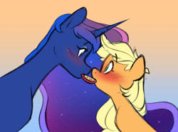 Size: 2647x1974 | Tagged: safe, artist:chub-wub, derpibooru import, applejack, princess luna, alicorn, earth pony, pony, g4, apple, apple slice, blushing, boop, cute, duo, duo female, ethereal mane, eye contact, eyeshadow, female, food, freckles, gradient background, herbivore, horn, jackabetes, lesbian, looking at each other, looking at someone, lunabetes, lunajack, makeup, mare, noseboop, sharing food, ship:lunajack, shipping