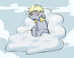 Size: 4422x3457 | Tagged: safe, artist:chub-wub, derpibooru import, derpy hooves, pegasus, pony, g4, cloud, cute, derpabetes, female, grin, mare, messy mane, morning ponies, outdoors, sky, smiling, solo, tired