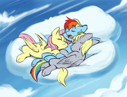 Size: 5208x3973 | Tagged: safe, artist:chub-wub, derpibooru import, derpy hooves, fluttershy, rainbow dash, pegasus, pony, g4, cloud, cuddling, cute, dashabetes, derpabetes, derpyshy, eyes closed, female, flutterdash, flutterderpydash, folded wings, lesbian, lying down, lying on a cloud, mare, meme, missing cutie mark, on a cloud, on back, on side, open mouth, outdoors, polyamory, rainbow dash gets all the mares, ship:derpydash, ship:flutterderpydash, shipping, shyabetes, sky, sleeping, sleeping on a cloud, snoring, trio, trio female, waifu thief, wings