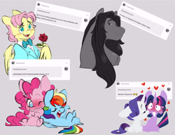 Size: 7800x6000 | Tagged: safe, artist:chub-wub, derpibooru import, butterscotch, fluttershy, pinkie pie, rainbow dash, rarity, twilight sparkle, unicorn twilight, earth pony, pegasus, pony, unicorn, g4, alternate hairstyle, ask, bangs, big ears, blue coat, blue eyes, blush lines, blushing, blushing profusely, bowtie, chad, chibi, clothes, crossed legs, curly hair, curly mane, curly tail, ears, eyebrows, eyebrows visible through hair, eyelashes, eyes closed, female, floating heart, floppy ears, flower, flustered, flutterguy, folded wings, gray background, hatching (technique), heart, hooves behind head, horn, lesbian, long mane, looking at someone, mare, masculine, missing cutie mark, motion lines, multicolored hair, multicolored mane, multicolored tail, necktie, no pupils, open mouth, open smile, pink coat, pink mane, pink tail, pinkiedash, purple mane, purple tail, rainbow hair, rainbow tail, raised hoof, raised leg, rarilight, requested art, ringlets, rose, rule 63, shiny mane, shipping, short hair fluttershy, short mane twilight sparkle, shrunken pupils, simple background, smiling, straight mane, straight tail, suit, tail, tailboner, three toned mane, three toned tail, tuxedo, unicorn horn, white coat, wing fluff, wing hold, wings, yellow coat