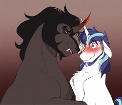 Size: 4090x3530 | Tagged: safe, artist:chub-wub, derpibooru import, king sombra, shining armor, pony, unicorn, g4, alternate design, beard, black mane, blue eyes, blue mane, blue tail, blush lines, blushing, chest fluff, colored eyebrows, colored horn, curved horn, duo, duo male, ears, eyebrows, eyebrows visible through hair, facial hair, fangs, filter, floppy ears, gay, gradient background, gradient horn, gray coat, hatching (technique), horn, infidelity, lidded eyes, looking at each other, looking at someone, male, missing accessory, nervous, nervous smile, noise, now kiss, open mouth, open smile, profile, red eyes, requested art, ship:shiningsombra, shipping, size difference, smiling, smiling at each other, stallion, tail, three quarter view, three toned mane, three toned tail, unicorn horn, wavy mouth, white coat