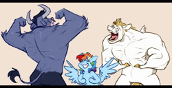 Size: 5322x2730 | Tagged: safe, artist:chub-wub, derpibooru import, bulk biceps, iron will, rainbow dash, minotaur, pegasus, pony, g4, alternate design, beige background, bipedal, blonde, blonde mane, blonde tail, blue coat, blue fur, colored hooves, colored horns, curved horns, derp, ear piercing, earring, elbow fluff, eye clipping through hair, eyebrows, eyebrows visible through hair, eyes closed, facial hair, female, flexing, golden eyes, grin, height difference, hooves, horns, jewelry, male, mare, multicolored hair, multicolored mane, nose piercing, nose ring, open mouth, open smile, physique difference, piercing, rainbow hair, rear view, requested art, sideburns, simple background, size difference, smiling, spread wings, stallion, tail, teeth, tomboy, trio, unshorn fetlocks, white coat, wings, yellow hooves