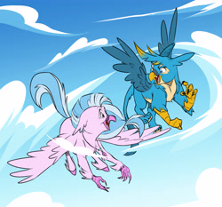 Size: 5209x4851 | Tagged: safe, artist:chub-wub, derpibooru import, gallus, silverstream, classical hippogriff, griffon, hippogriff, g4, alternate design, beak, blue eyes, blue feathers, blue fur, blue sky, blue tail, blue wings, body fluff, claws, cloud, colored belly, colored claws, colored eyebrows, colored hooves, colored wings, day, duo, duo male and female, ear fluff, ears, eye markings, feathered wings, female, flying, gradient background, head turn, hooves, jewelry, leg fluff, leonine tail, looking at each other, looking at someone, male, necklace, open beak, open mouth, open smile, outdoors, pale belly, paws, pink feathers, profile, purple eyes, requested art, sharp teeth, sky background, smiling, smiling at each other, spread wings, tail, tail fluff, teenager, teeth, three quarter view, toothed beak, two toned hair, two toned tail, wings