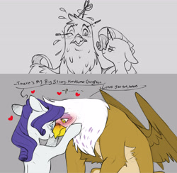 Size: 5127x5011 | Tagged: safe, artist:chub-wub, derpibooru import, gilda, rarity, griffon, pony, unicorn, g4, beak, blue eyes, blue eyeshadow, blush lines, blushing, brown fur, brown wings, butch, butch lesbian, chest fluff, colored belly, colored chest fluff, colored wings, crack shipping, dialogue, duo, duo female, ears, eyelashes, eyeshadow, feather, female, floating heart, floppy ears, frown, golden eyes, heart, height difference, high res, holding face, horn, lesbian, lidded eyes, looking at each other, looking at someone, magic, makeover, makeup, makeup brush, mare, nervous, not rule 63, one eye closed, open mouth, open smile, pale belly, partially open wings, purring, rarida, requested art, ringlets, shipping, sketch, smiling, smiling at each other, speech bubble, talking, telekinesis, touching noses, unicorn horn, white coat, wings