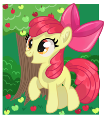 Size: 3136x3568 | Tagged: safe, artist:annuthecatgirl, derpibooru import, apple bloom, earth pony, pony, g4, apple, apple tree, bow, female, filly, foal, food, hair bow, passepartout, raised hoof, raised leg, solo, tree