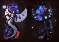 Size: 3579x2551 | Tagged: safe, artist:polnocnykot, derpibooru import, princess luna, alicorn, fish, hybrid, merpony, pony, seapony (g4), stingray, g4, angler seapony, bioluminescent, blue eyes, blue mane, blue tail, bubble, commission, commissioner:shaddar, concept, constellation, coral, crepuscular rays, crescent moon, crown, cute, dorsal fin, ethereal mane, eyelashes, female, fin, fin wings, fins, fish tail, flowing mane, front view, glowing, heart, horn, jewelry, lidded eyes, looking at you, looking back, looking back at you, mare, moon, ocean, peytral, rear view, regalia, rock, scales, seaponified, seapony luna, seaweed, signature, smiling, smiling at you, solo, species swap, spread wings, stars, tail, traditional art, underwater, unshorn fetlocks, water, wings