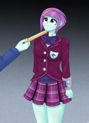 Size: 1280x1761 | Tagged: safe, artist:lennondash, derpibooru import, principal abacus cinch, sunny flare, human, equestria girls, g4, abstract background, bowtie, chin up, clothes, crystal prep academy uniform, female, legs together, looking up, miniskirt, offscreen character, pleated skirt, ruler, school uniform, skirt, solo focus, sunny flare's wrist devices