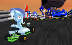 Size: 1920x1200 | Tagged: safe, artist:puzzlshield2, derpibooru import, trixie, hedgehog, pony, g4, 3d, chase, classic sonic, clothes, comedy, crossover, driving, female, fimfiction, hat, kart, link in description, male, meme, mmd, multiverse, race, running, scared, sega, shrunken pupils, sonic adventure, sonic boom, sonic riders, sonic runners, sonic the hedgehog (film), sonic the hedgehog (series), story included, team sonic racing, trixie's hat