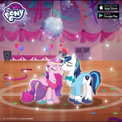 Size: 1080x1080 | Tagged: safe, derpibooru import, idw, princess cadance, shining armor, alicorn, unicorn, g4, neigh anything, alternate hairstyle, bowtie, bracelet, clothes, disco ball, dress, eyes closed, female, gameloft, heart, high school, horn, idw showified, jewelry, male, necklace, shiningcadance, shipping, shoes, straight